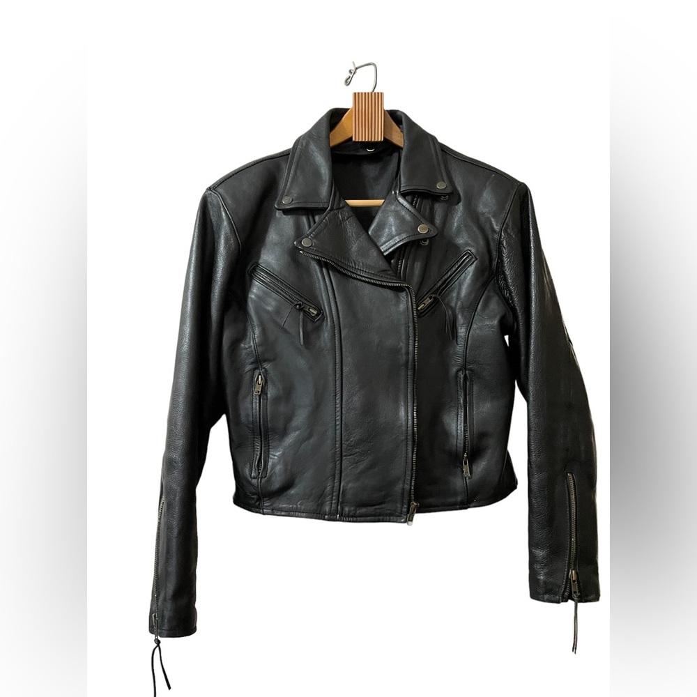 100% Biker style Double-Breasted Black Heavy Leather